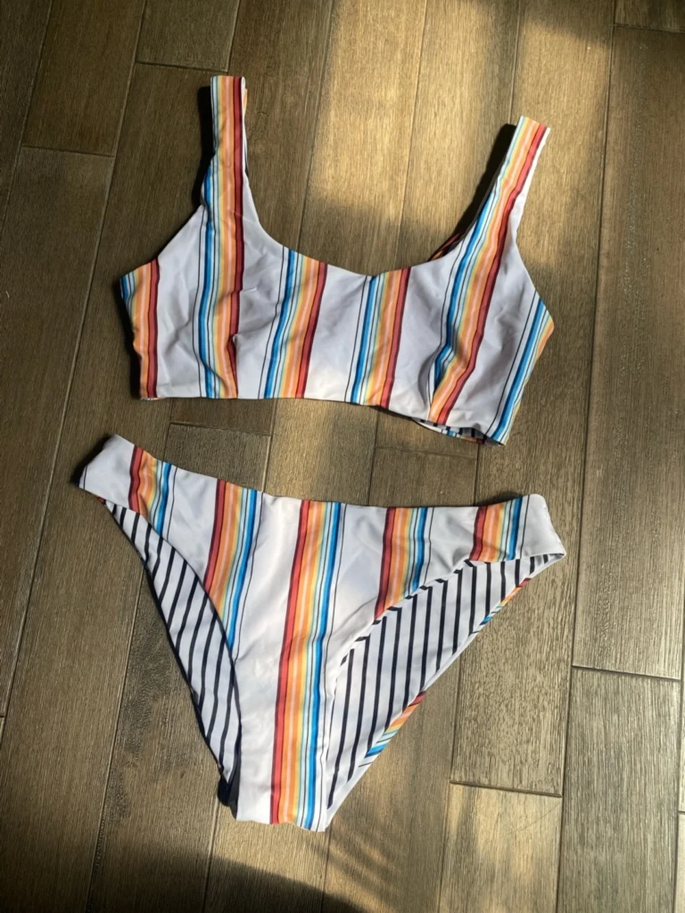 SHEIN White Bikini with Rainbow Stripe Accents
